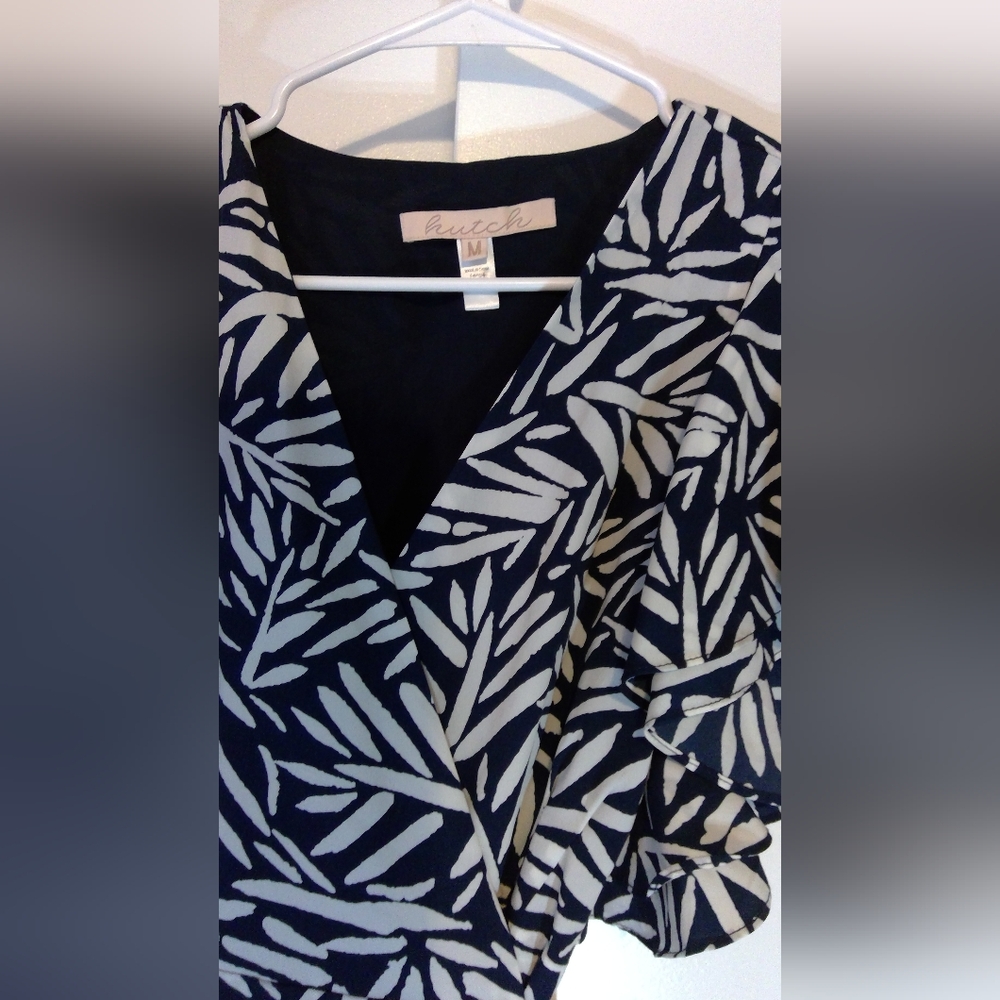 Hutch Navy and White Leaf Print Wrap Blouse